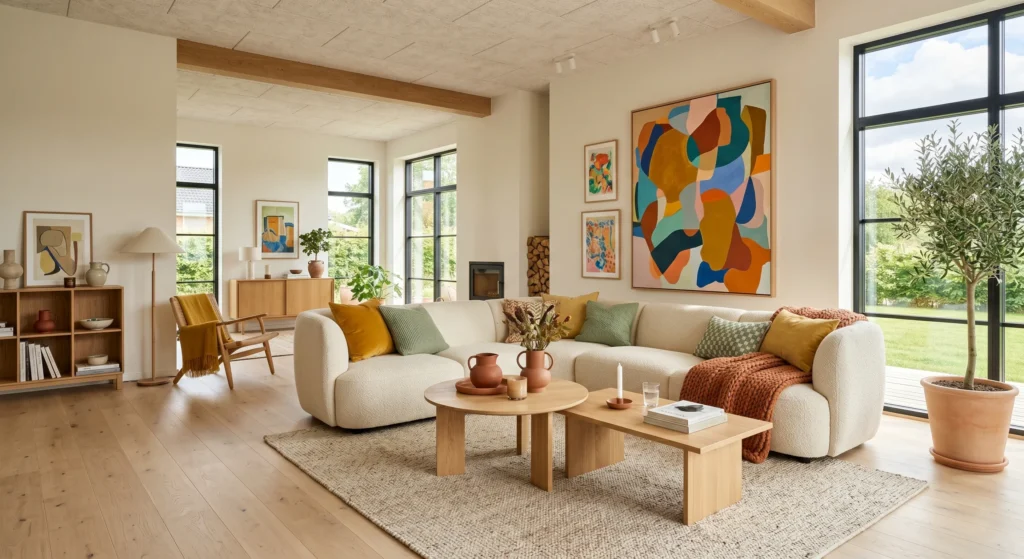A luxury Scandinavian living room featuring warm white walls, cream boucle sofa, light oak flooring, natural wood coffee table, oversized colorful abstract wall art, mustard throw blanket, terracotta cushions, indoor olive tree, abundant natural sunlight, cozy hygge atmosphere, clean Nordic styling.