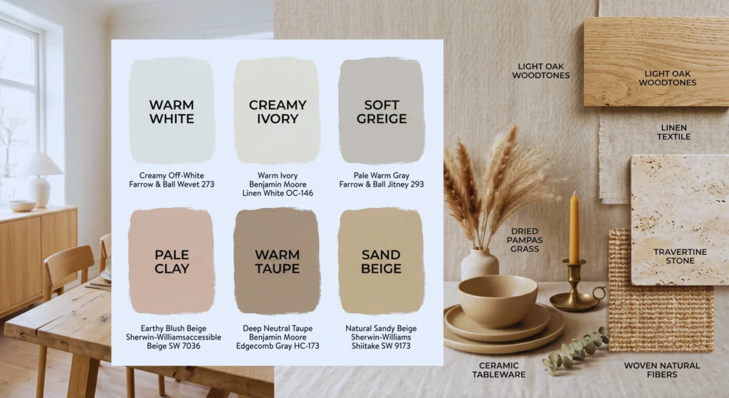 Warm neutral wall colors are the foundation of Scandinavian dining room design. Soft greige, warm white, and pale clay create a calm, welcoming atmosphere that feels cozy, elegant, and timeless. Save this warm neutral dining room styling idea for a brighter, more inviting Nordic-inspired home.
