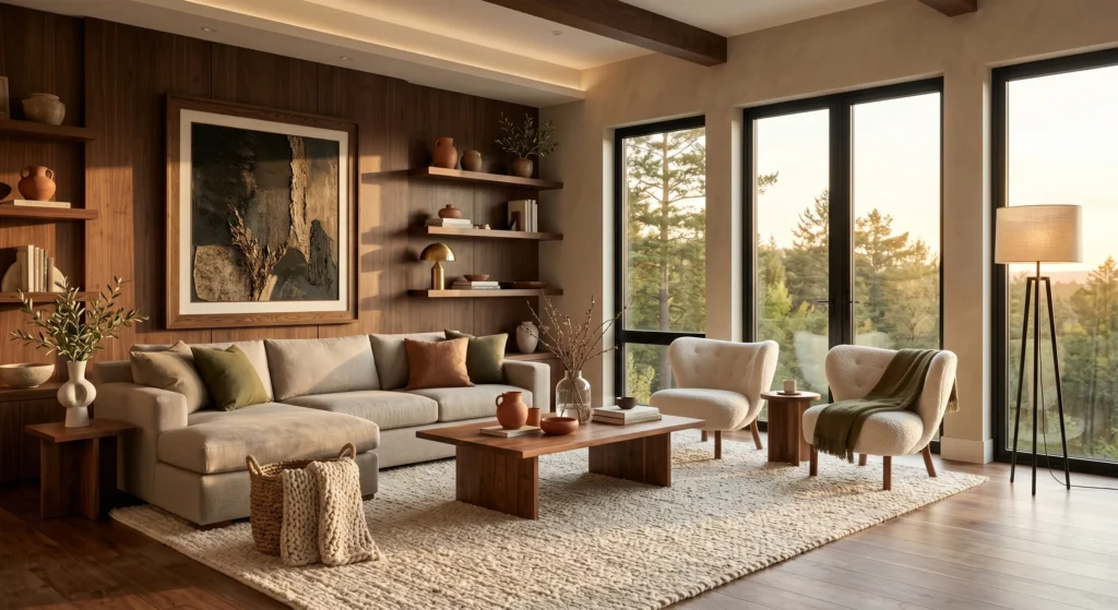 Luxury contemporary Scandinavian living room, warm greige walls, oatmeal linen sofa, soft mushroom tones, oversized abstract wall art, natural oak furniture, olive green accents, terracotta decor, warm neutral palette, floor-to-ceiling windows, abundant natural sunlight, cozy hygge atmosphere, full room view.