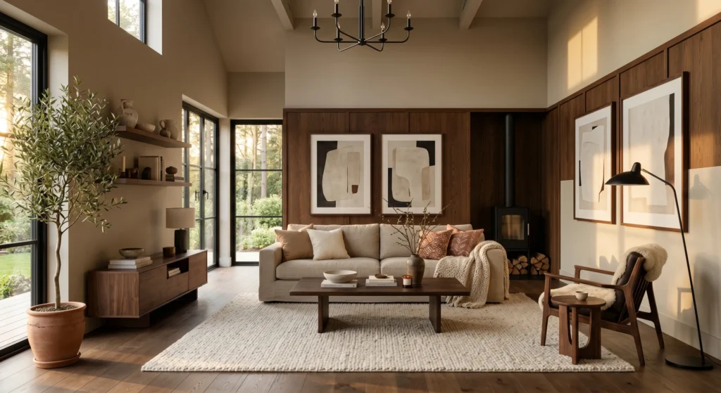 Luxury Scandinavian living room, warm off-white walls, greige tones, beige linen sofa, soft neutral palette, oversized abstract wall art, oak furniture, natural sunlight, cozy hygge atmosphere, Nordic interior design, light wood flooring, full room view.