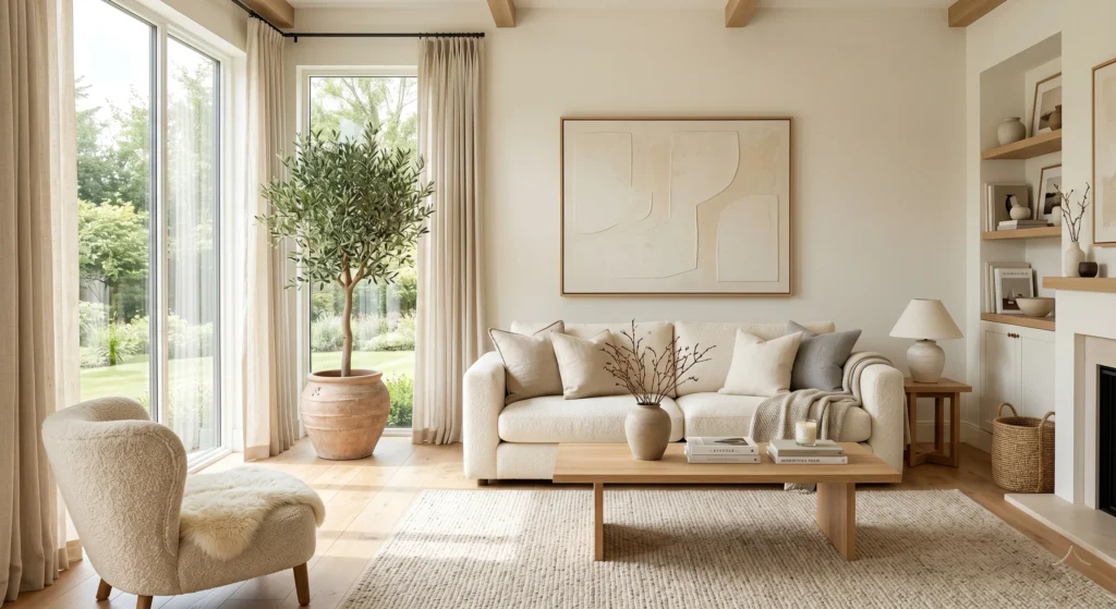 A luxury Scandinavian living room featuring warm white walls, soft beige undertones, oversized abstract wall art in natural oak frames, cream boucle sofa, light oak flooring, floor-to-ceiling windows, natural sunlight, airy atmosphere, and minimalist Nordic styling.