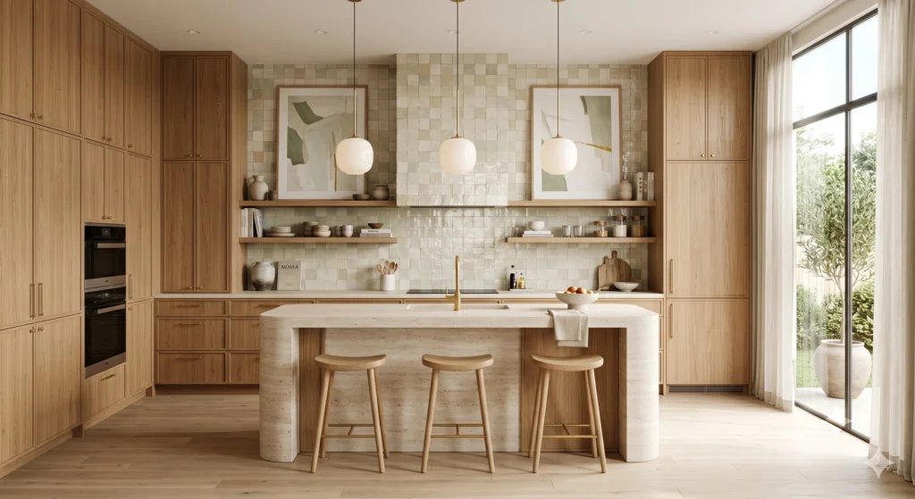 Luxury Scandi kitchen featuring handmade sage green zellige tile backsplash, warm oak cabinetry, oversized modern wall art, brass accents, artisan ceramics, quartz waterfall island, and soft golden sunlight filling the room.