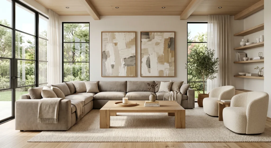 Bright Nordic living room featuring a greige sofa, sage green cushions, oversized artwork in oak frames, natural wood furniture, cream textiles, and airy Scandinavian styling.