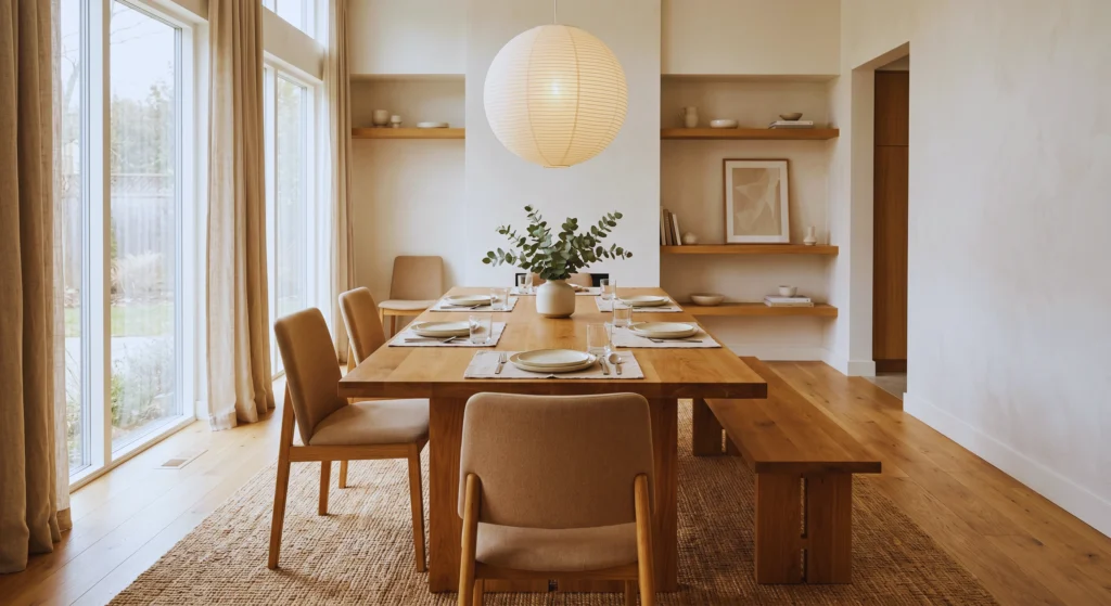 Less is more in Scandinavian dining room styling. A simple table setting with neutral ceramics, linen placemats, and a single botanical centerpiece creates a luxurious, uncluttered look that feels both cozy and elegant for everyday dining.