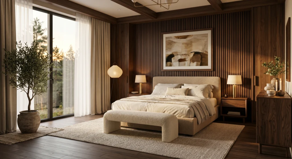 A luxury Scandinavian bedroom illuminated by warm dimmable lighting, featuring sculptural ceramic bedside lamps, woven pendant lights, glowing candles, oversized oak-framed wall art, light oak furniture, cream linen bedding, and a calming spa-inspired Nordic ambiance.