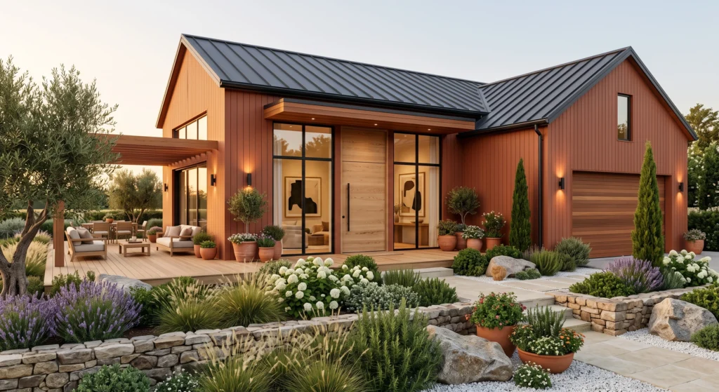 A modern Scandinavian home with warm terracotta timber siding, natural oak architectural details, black-framed floor-to-ceiling windows, charcoal roof, Mediterranean-inspired landscaping with olive trees, lavender, stone pathways, and a cozy golden sunset ambiance.