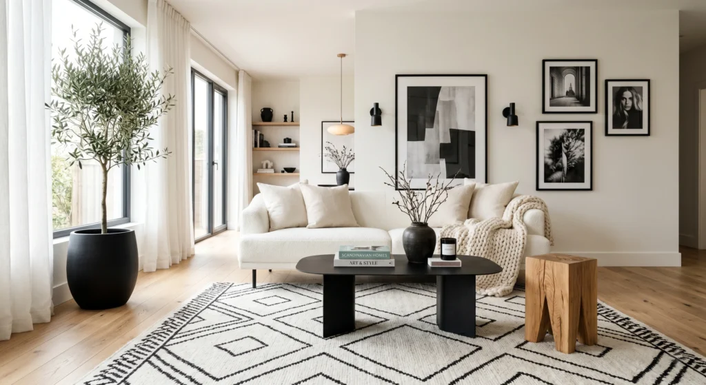 Luxury Black and White Scandinavian mood board featuring a white bouclé sofa, black metal coffee table, monochrome rug, black and white photography, oak stool, black candles, olive tree, oversized wall art, modern urban Nordic design, full room view.