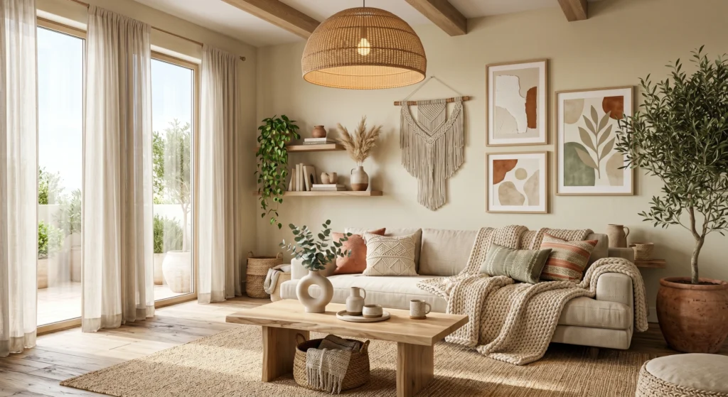 Luxury Boho Scandinavian mood board featuring a cream linen sofa, woven rattan pendant light, clay vases, macrame wall hanging, woven baskets, trailing plants, oversized wall art, warm terracotta accents, cozy relaxed Nordic style, full room view.