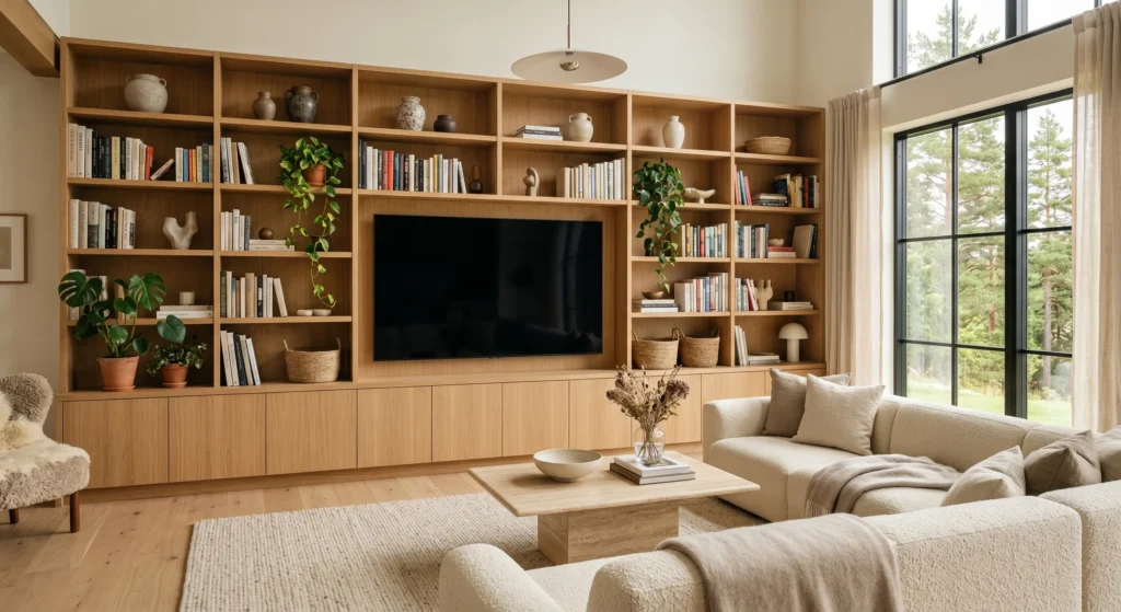 Luxury Scandinavian TV wall featuring floor-to-ceiling built-in bookshelves in light oak. The television is seamlessly integrated among books, ceramics, plants, and woven baskets. Cozy Nordic atmosphere, warm textures, and designer styling create the perfect Scandinavian living room with TV wall.