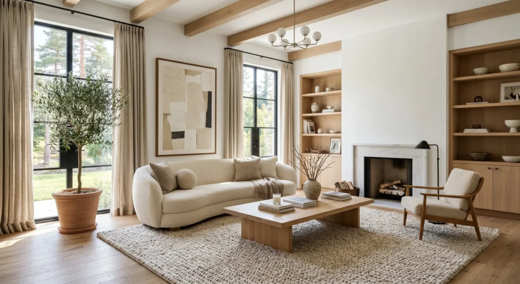 An elegant Scandinavian living room showcasing a chunky cream wool rug beneath a travertine coffee table. Soft neutral furnishings, walnut accents, oversized modern wall art, and abundant sunlight create a warm and inviting Nordic interior design.