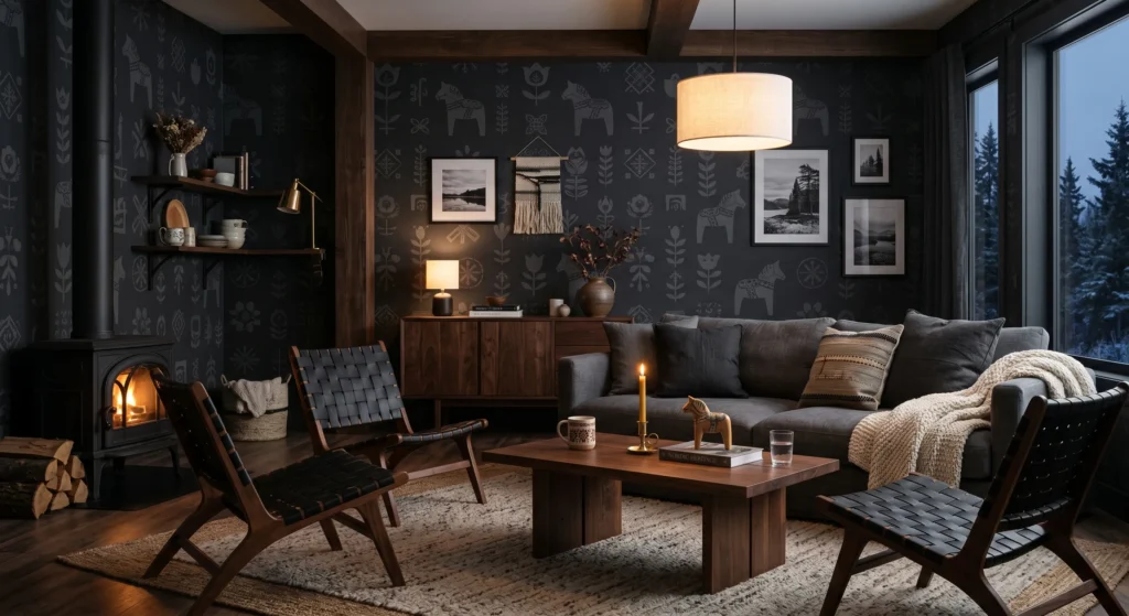 Celebrate Nordic heritage with modern Scandinavian folk wallpaper featuring simplified Dala horses, floral motifs, and handcrafted patterns. Soft colors and minimalist styling bring traditional Scandinavian charm into contemporary interiors.