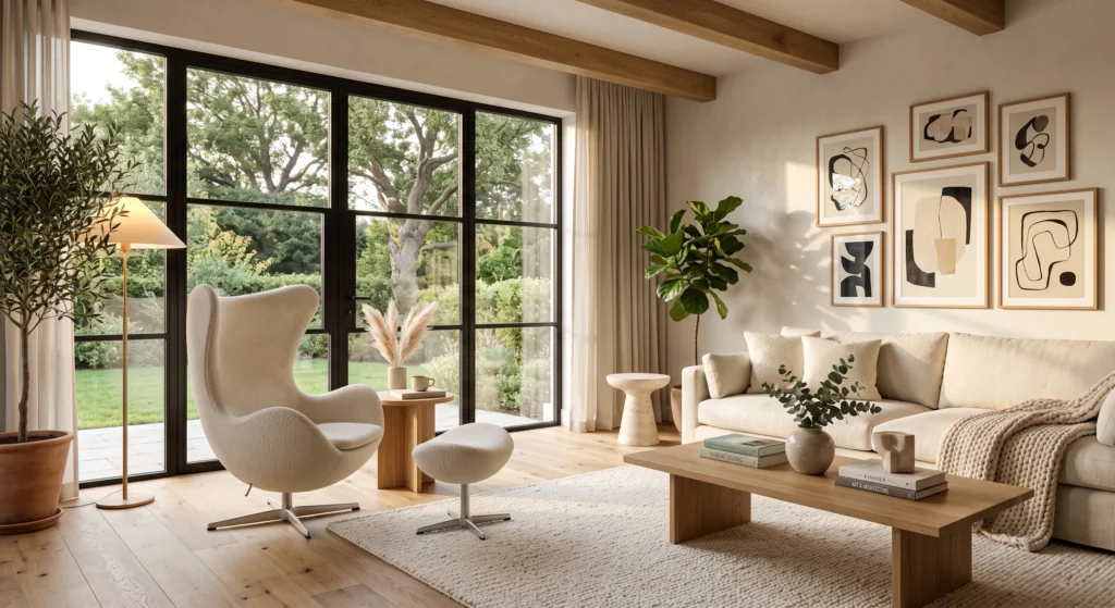 An elegant Nordic living room centered around a sculptural Egg Chair with premium upholstery, contemporary wall art, natural oak furniture, and bright floor-to-ceiling windows.