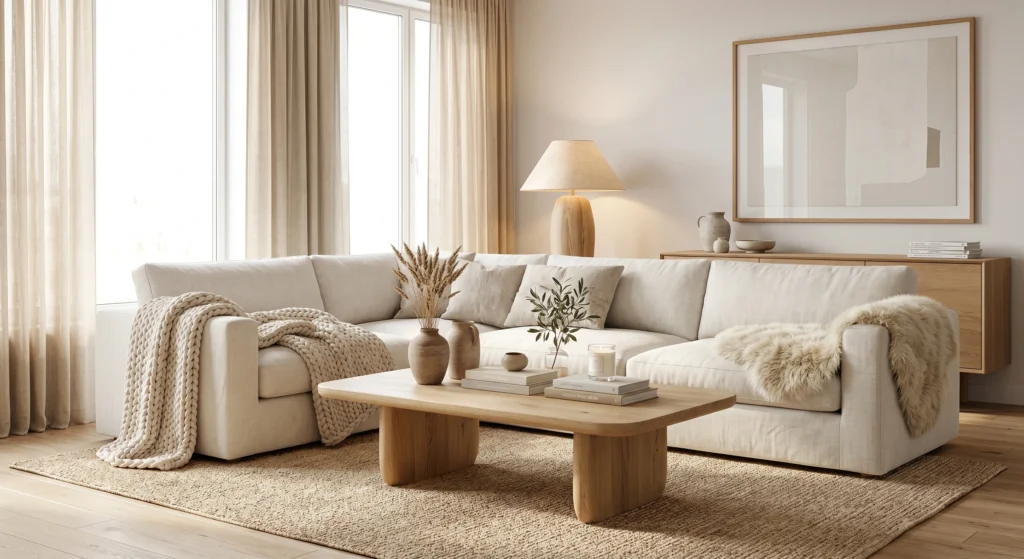 Luxury Classic Scandinavian mood board featuring a cream linen sofa, light oak coffee table, chunky wool throws, fluffy sheepskin accents, jute rug, clay vase, neutral books, oversized wall art, visible natural wood grain, warm white palette, cozy hygge atmosphere, full room view, Architectural Digest style.