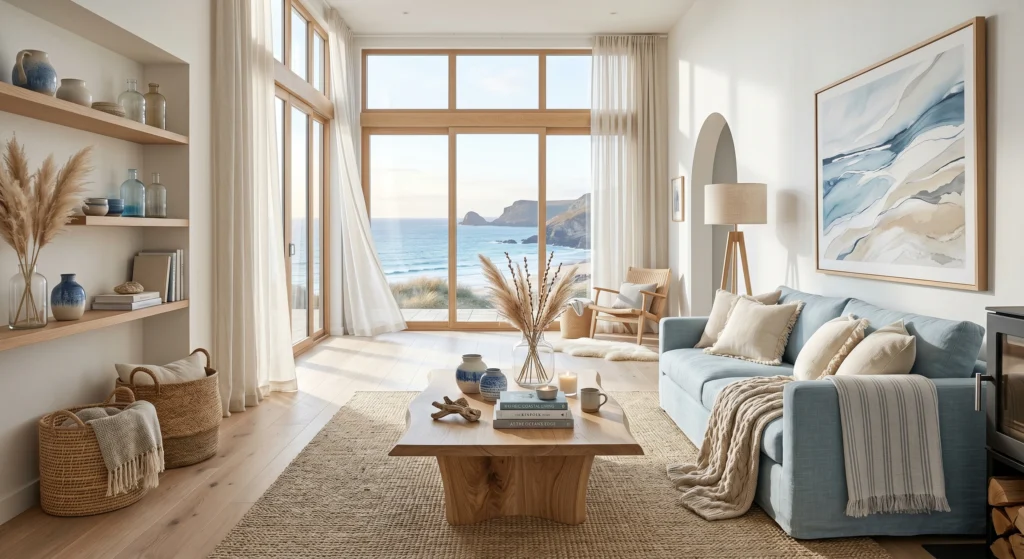 Luxury Coastal Scandinavian mood board with blue linen sofa, light oak coffee table, seagrass rug, glass vase, driftwood decor, blue and white ceramics, oversized coastal wall art, soft sunlight, airy seaside atmosphere, full room view.