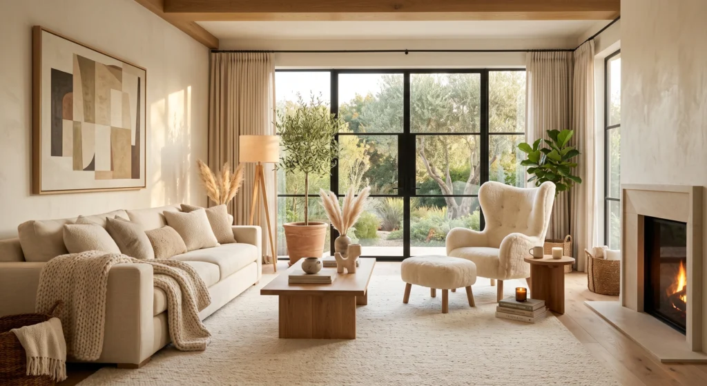 A cozy Nordic reading corner featuring a luxurious ivory sheepskin wingback chair, limestone fireplace, handcrafted oak furniture, and elegant contemporary wall art.