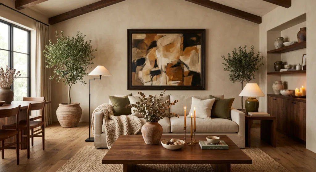 Luxury Earthy Scandinavian mood board with oatmeal linen sofa, terracotta vases, olive tree, jute rug, dried eucalyptus, rough-hewn oak furniture, ceramic bowls, warm beige palette, oversized wall art, cozy Nordic autumn atmosphere, full room view.