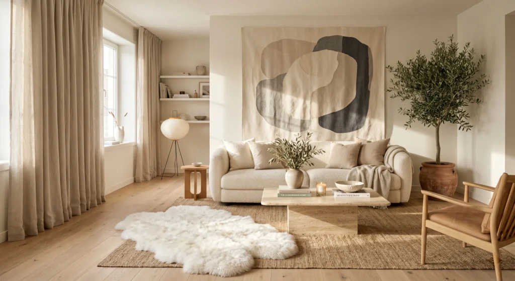 A cozy Scandinavian corner featuring a soft faux sheepskin rug beside a cream armchair, dark wood flooring, oversized wall art, candles, and warm ambient lighting. The perfect hygge-inspired living room retreat.