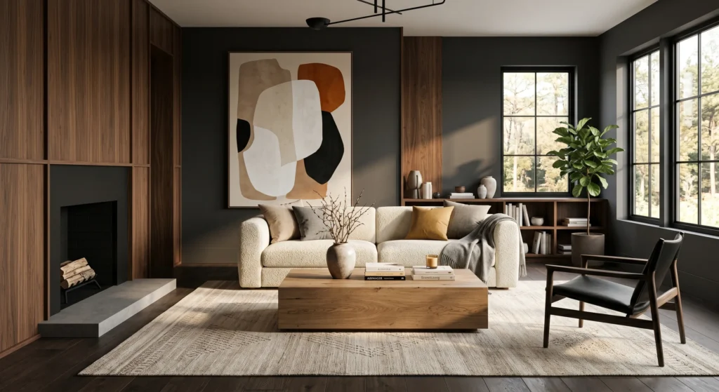 A beautiful Scandinavian family room featuring a washable flat-woven cotton rug in soft beige tones. Dark wood accents, oversized gallery wall art, cream seating, and natural sunlight create a practical yet stylish Nordic living space.
