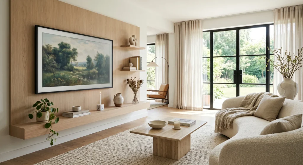 Modern Scandi TV wall design featuring a wall-mounted television framed by floating oak shelves styled with books, candles, ceramics, and trailing plants. Airy Scandinavian aesthetic, neutral colors, and minimalist luxury make the space feel open and inviting.