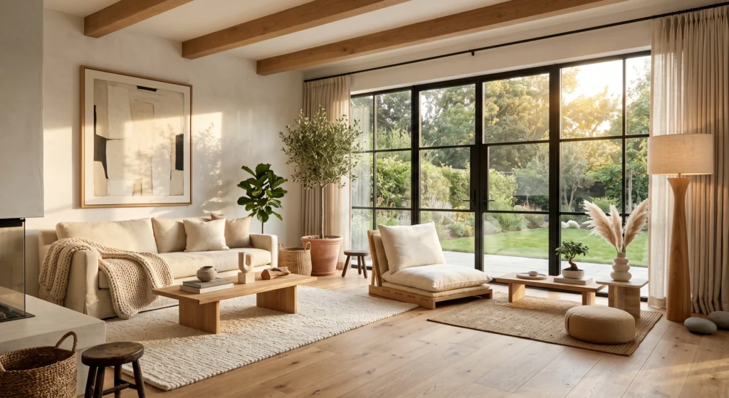 A peaceful Scandinavian meditation space featuring a handcrafted wooden floor chair with linen cushions, oversized contemporary wall art, natural oak finishes, and calming Japandi-inspired styling.