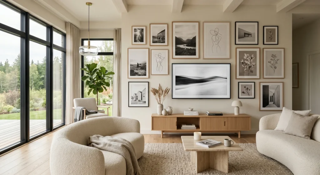 Elegant Scandi TV wall design featuring a television surrounded by curated black-and-white photography, line art, and botanical prints in matching oak frames. Luxury Scandinavian living room with warm wood tones, textured fabrics, and sophisticated Nordic styling that helps hide TV in living room beautifully.