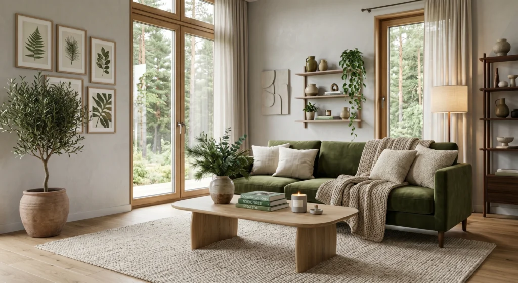Luxury Green Scandinavian mood board with an olive green velvet sofa, sage cushions, natural oak coffee table, olive tree, ceramic vase, green design books, oversized botanical wall art, visible wood grain, forest-inspired Nordic atmosphere, full room view.