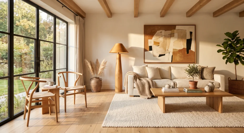 A timeless Scandinavian living room showcasing the iconic oak Wishbone Chair beside large windows, complemented by cream linen furniture, oversized abstract wall art, natural oak finishes, and warm golden sunlight.