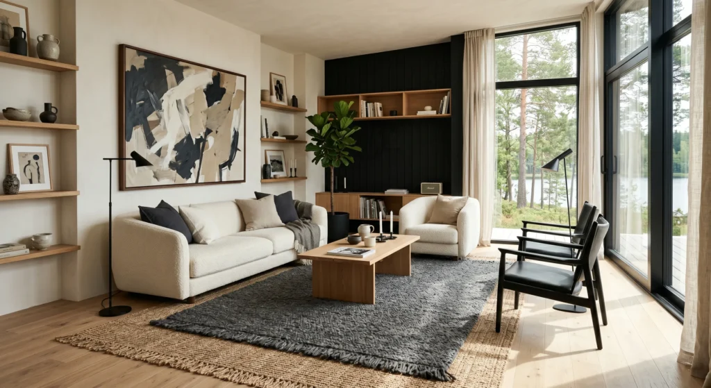 A stylish Nordic living room featuring a layered rug design with a natural jute base and a soft wool rug on top. Cream seating, oak furniture, oversized artwork, and warm lighting create depth, texture, and cozy Scandinavian charm.