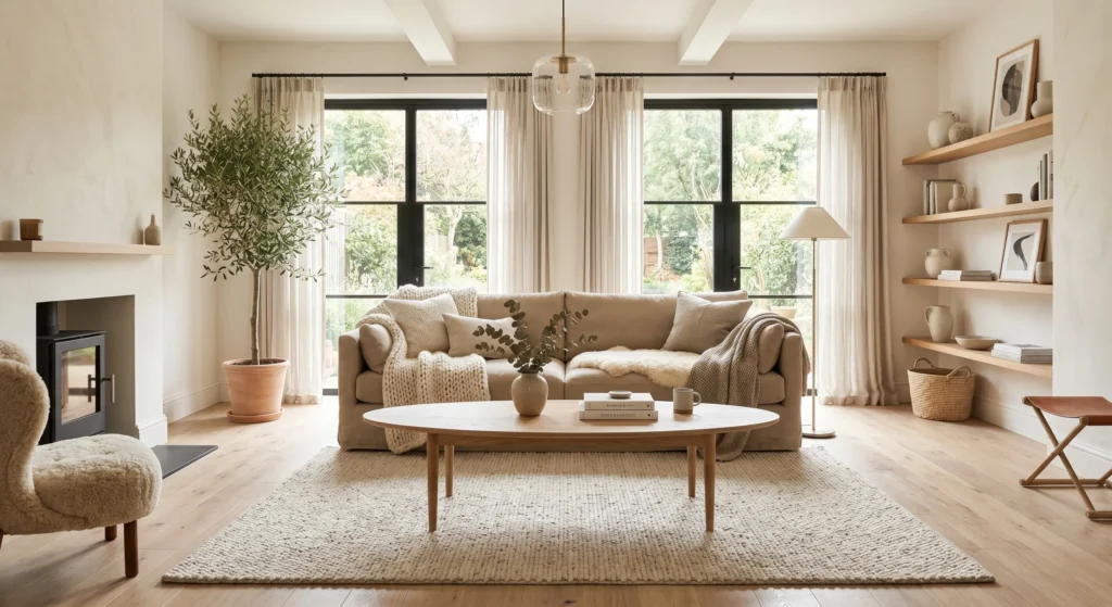 Discover one of the most essential pieces in The Ultimate Guide to Scandinavian Furniture Ideas for Every Room in Your Home (10 Timeless Pieces). A light oak coffee table with visible wood grain and tapered legs creates a warm, airy focal point while perfectly balancing minimalist Scandinavian living room design with timeless Nordic elegance.