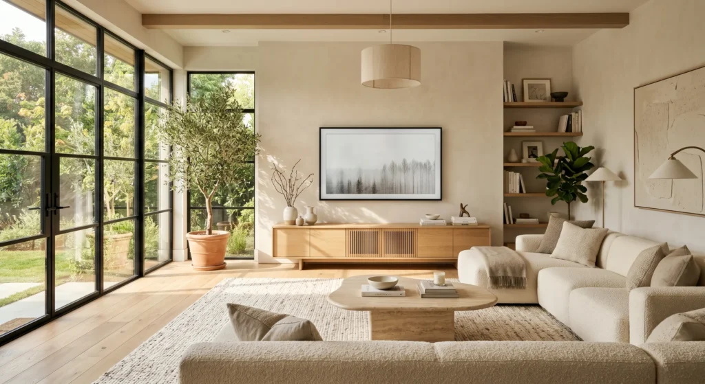 Create a luxurious Scandinavian living room with TV wall featuring a low-profile light oak media console with hidden storage, clean lines, and tapered legs. Styled with designer books, ceramic decor, candles, and indoor greenery. Warm neutral palette, cream boucle sofa, wool rug, and natural sunlight create a timeless minimalist media console look.