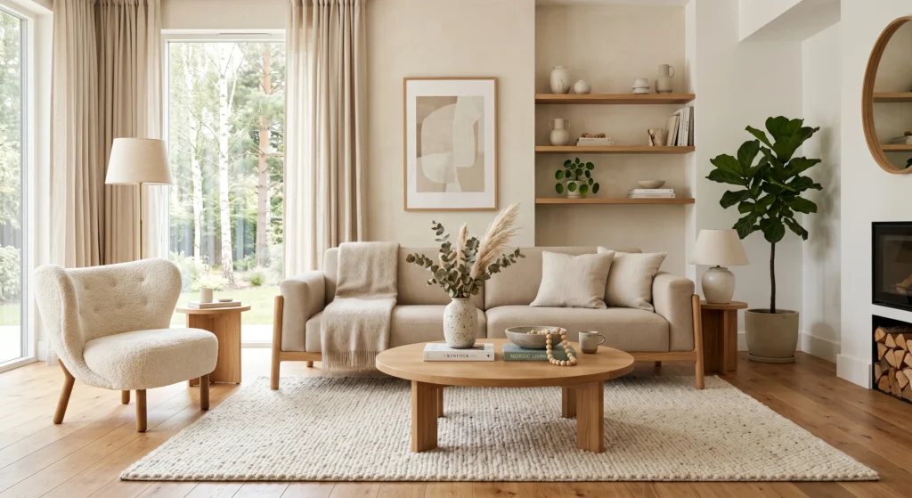 A low-profile linen sofa is the heart of Scandinavian furniture design. Featuring clean lines, exposed wooden legs, and soft neutral tones, this timeless piece creates an open, inviting atmosphere while bringing comfort, texture, and effortless Nordic style to any living room.