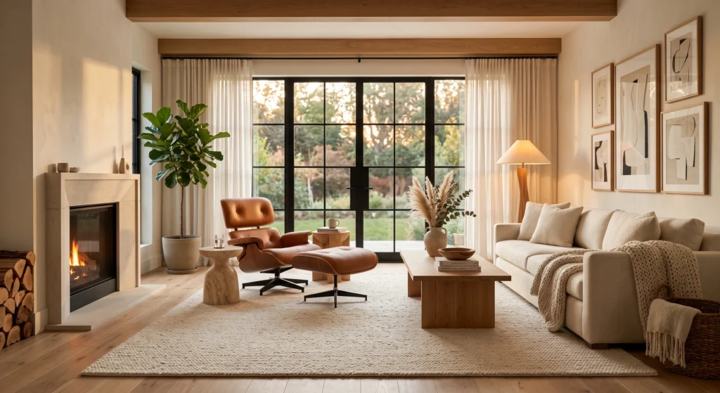 A stylish Nordic living room centered around a walnut mid-century lounge chair with cognac leather upholstery, premium oak furniture, contemporary artwork, and warm golden sunlight.