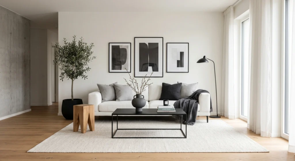 Luxury Minimalist Scandinavian mood board with white linen sofa, black metal coffee table, cream rug, wooden stool, oversized monochrome wall art, one olive tree, sculptural ceramic vase, clean lines, warm sunlight, full room view.