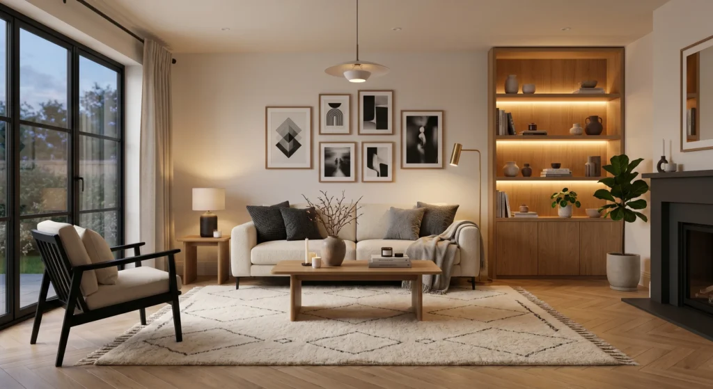 A sophisticated Scandinavian living room featuring a subtle geometric wool rug in cream and taupe tones. Modern abstract wall art, walnut furniture, and natural light create a calm, elegant, and timeless Nordic atmosphere.