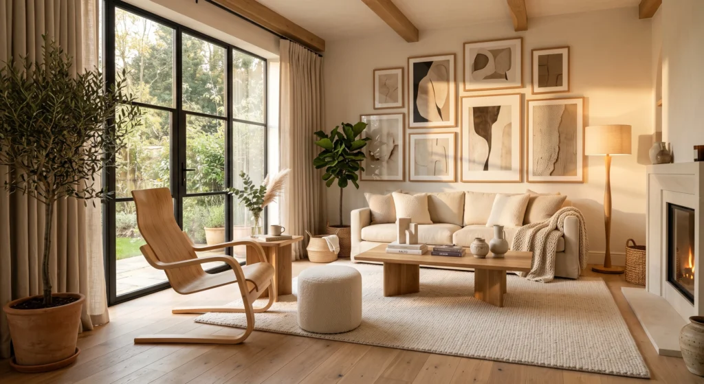 A modern Scandinavian living space showcasing a sculptural bentwood armchair inspired by Alvar Aalto, natural birch finishes, abstract wall art, and warm minimalist styling.