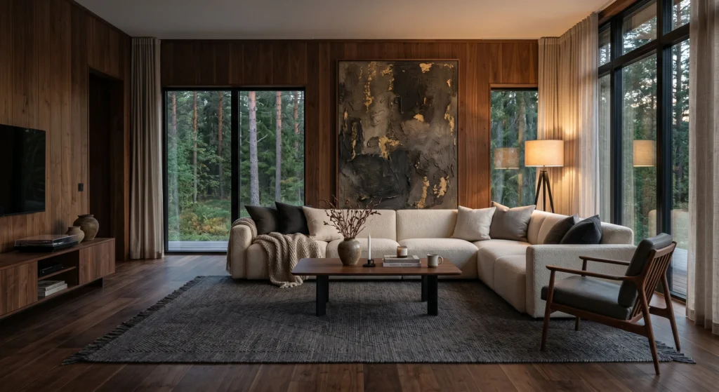 A modern Scandinavian living room featuring a charcoal wool rug blending seamlessly with dark oak flooring. Walnut wall panels, oversized abstract artwork, cream furniture, and warm lighting create a sophisticated tone-on-tone Nordic design.