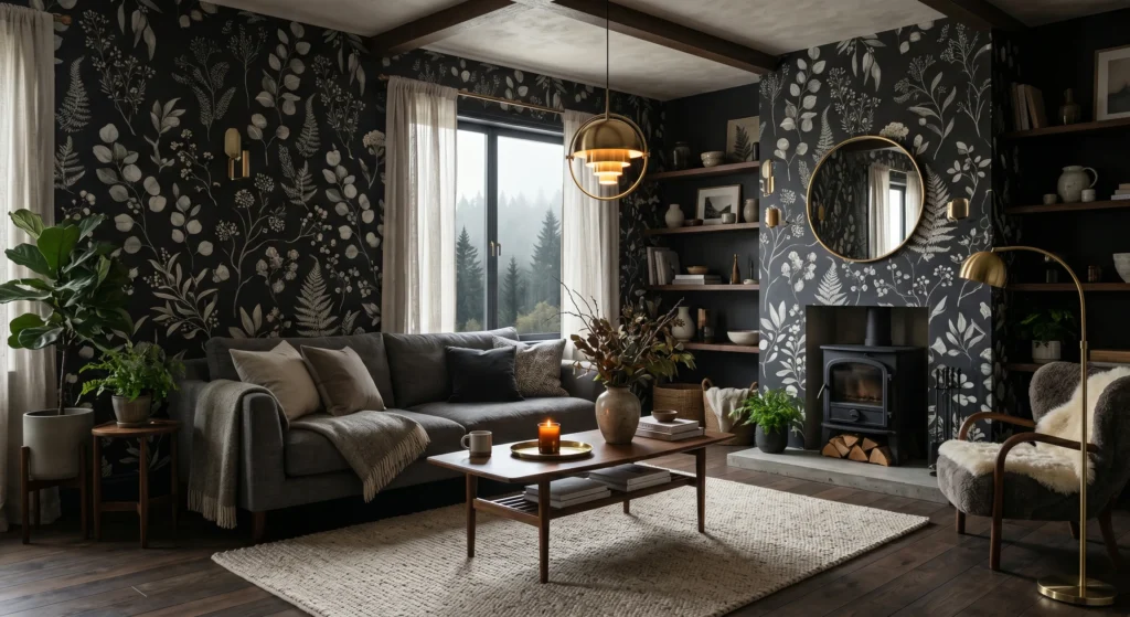 Create a dramatic yet elegant space with dark Scandinavian floral wallpaper. Charcoal backgrounds paired with pale botanical illustrations add luxury, depth, and warmth to bedrooms, powder rooms, and cozy Nordic interiors.