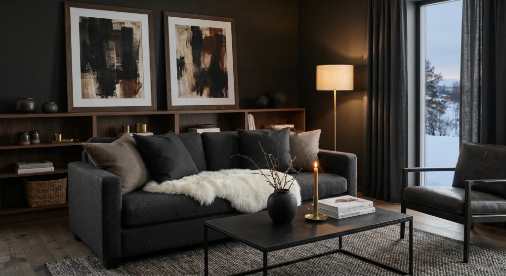 Luxury Moody Scandinavian living room featuring a charcoal wool sofa, dark walnut shelving, black metal coffee table, sheepskin throw, brass lamp, black ceramic decor, oversized wall art, candlelight, cozy winter hygge atmosphere, full room view.