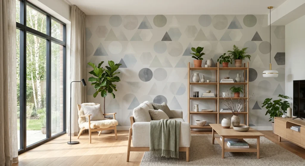 Discover modern Scandinavian geometric wallpaper featuring soft circles, triangles, and hexagons in muted neutral tones. These subtle patterns add visual interest without overwhelming the room, making them perfect for Nordic-inspired entryways, bathrooms, and children's spaces.
