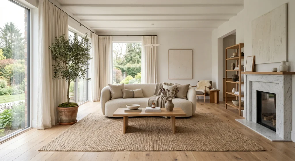 A luxurious Scandinavian living room featuring a large natural jute rug layered over light oak flooring. Cream boucle sofa, walnut wood furniture, oversized abstract wall art, linen curtains, indoor olive tree, and warm natural sunlight create a cozy Nordic living room filled with texture, warmth, and timeless style.