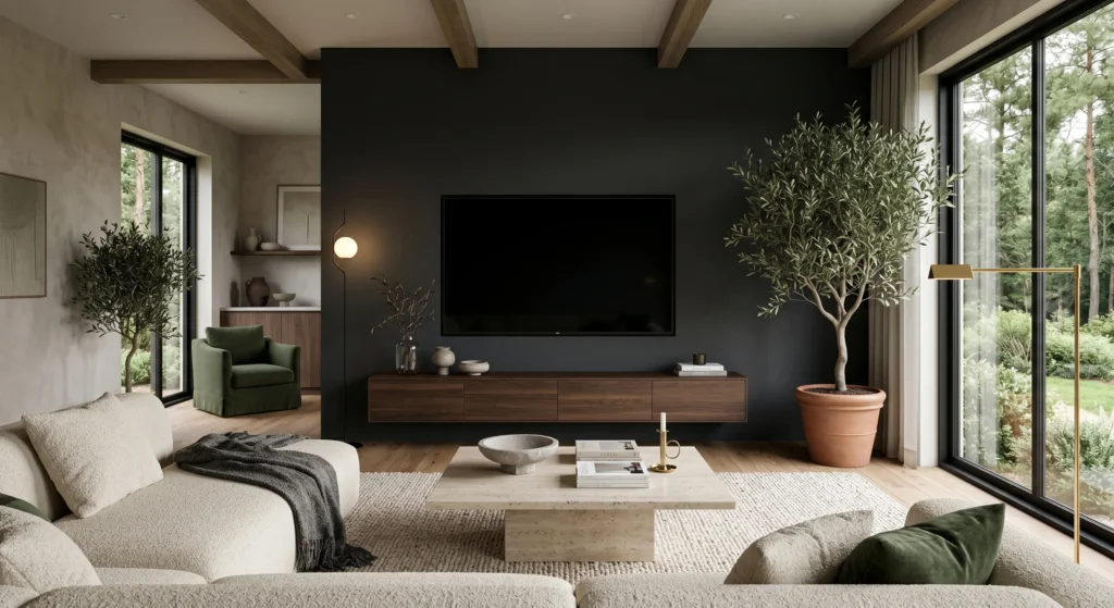 Elegant dark Scandinavian living room featuring a charcoal, forest green, or slate blue TV wall that allows the television to visually disappear. Dark wood media console, warm lighting, textured rugs, and cozy Nordic styling create a sophisticated luxury atmosphere.