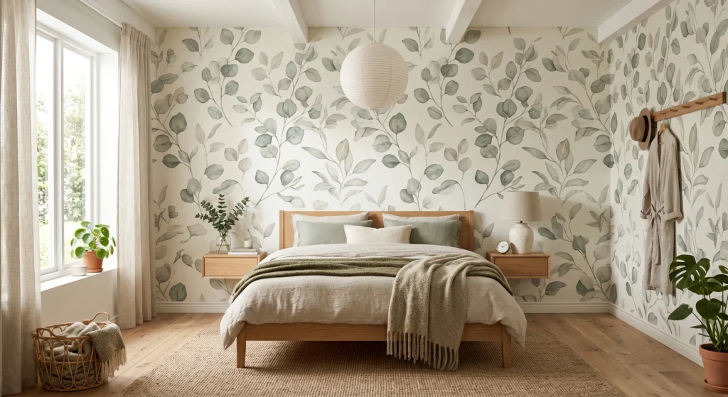 Bring nature indoors with beautiful Scandinavian botanical wallpaper featuring eucalyptus leaves, ferns, and soft watercolor foliage. Muted greens, charcoal accents, and organic patterns create a relaxing Nordic atmosphere perfect for bedrooms, reading nooks, and cozy living spaces.
