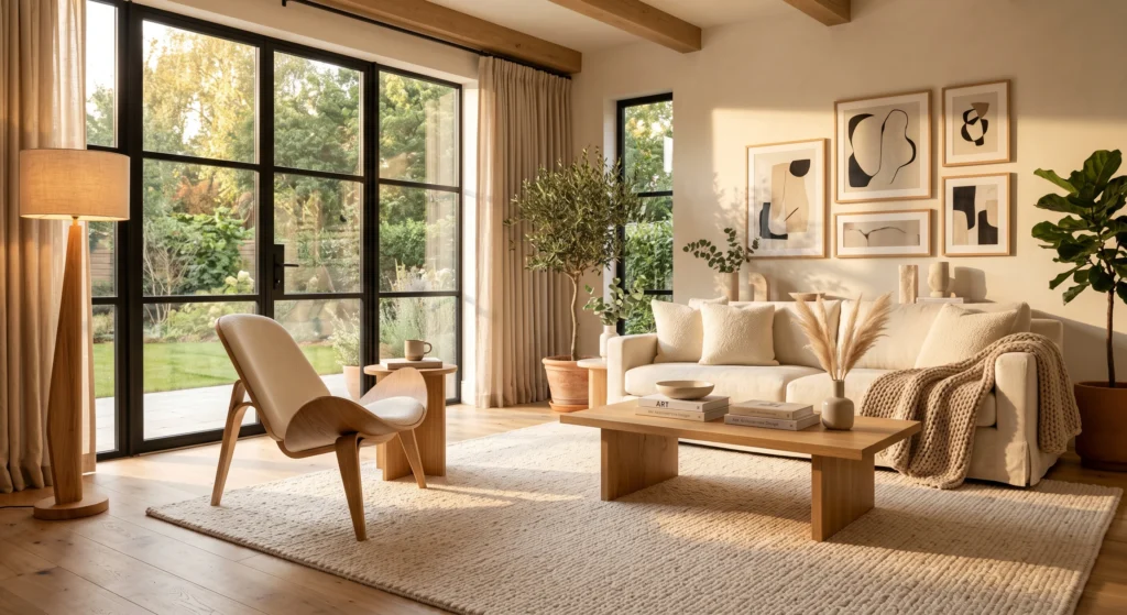 A sophisticated Scandinavian interior featuring the iconic Shell Chair crafted from molded oak, paired with modern wall art, natural textures, and warm golden-hour lighting.