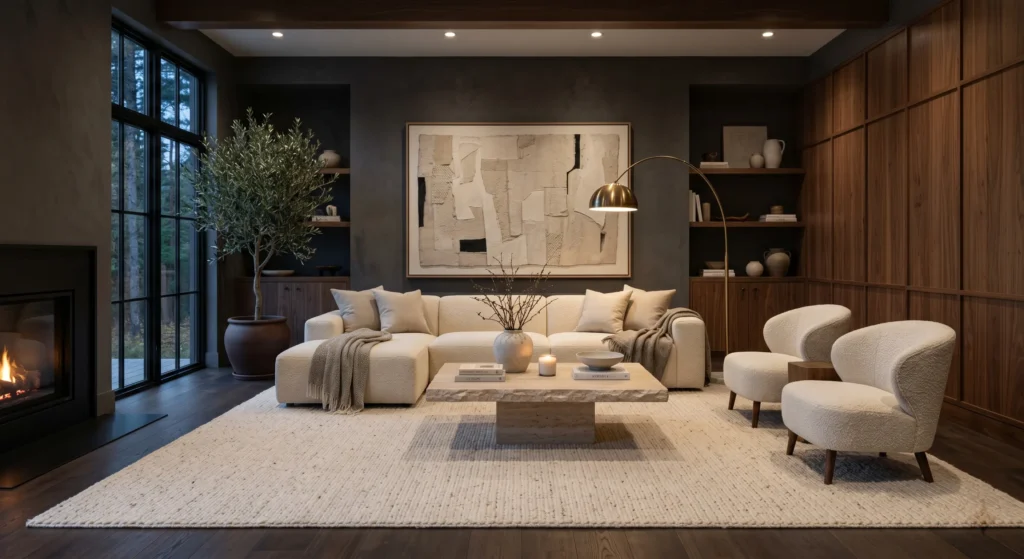 A luxury Scandinavian living room featuring an oversized cream rug covering the entire seating area. Cream boucle sofa, walnut wood paneling, oversized designer wall art, and floor-to-ceiling windows create a spacious and harmonious Nordic interior.