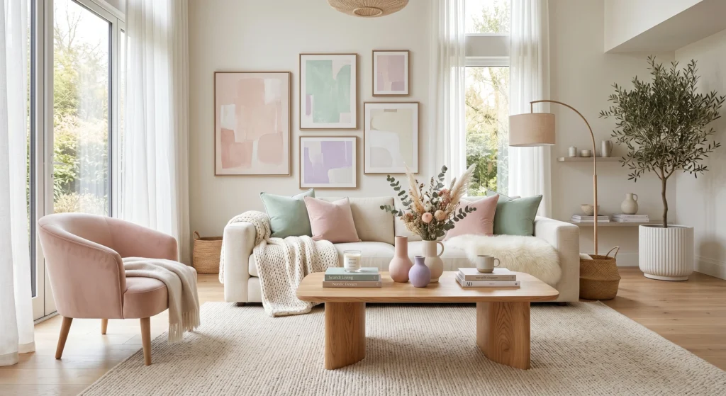 Luxury Pastel Scandinavian mood board featuring a blush velvet chair, mint green cushions, pale lavender decor, sheepskin throw, light oak coffee table, dried flowers, pastel ceramic vase, oversized wall art, soft spring-inspired Nordic atmosphere, full room view.