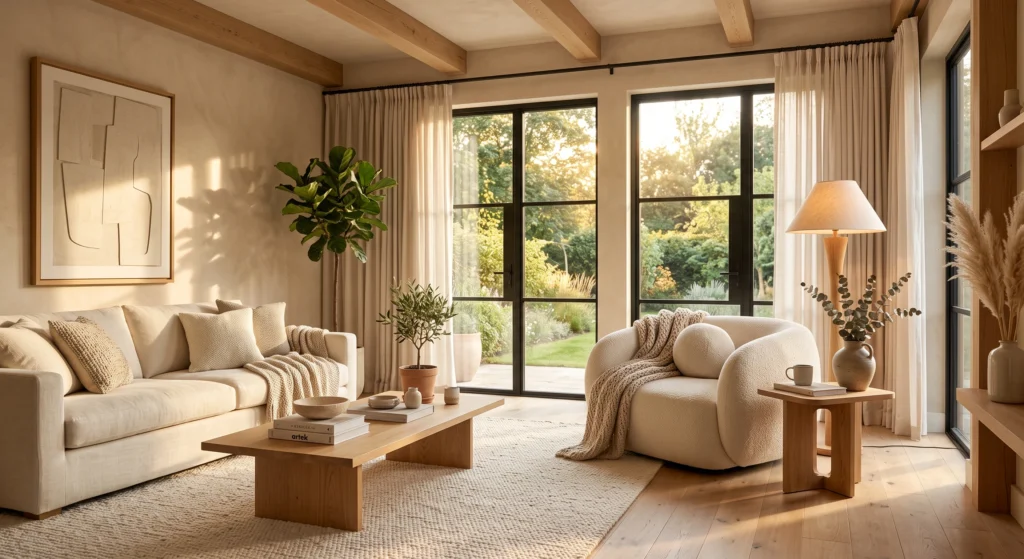 A modern Scandinavian reading corner featuring a plush cream bouclé armchair, natural oak furniture, oversized abstract artwork, soft linen textiles, and warm ambient lighting.