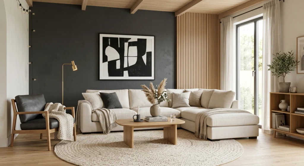 A bright Scandinavian reading nook featuring a round braided wool rug under an oak accent chair. Oversized wall art, natural textures, and warm sunlight soften the space and add organic Nordic charm.
