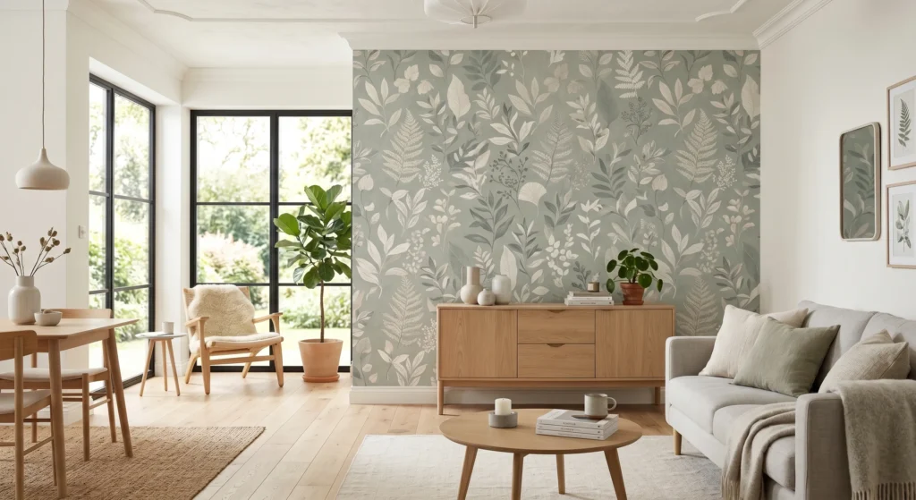 Transform your space with a stylish Scandinavian feature wall. Whether botanical, geometric, textured, or floral, a single wallpaper accent wall creates a stunning focal point while preserving the minimalist elegance of Nordic interior design.