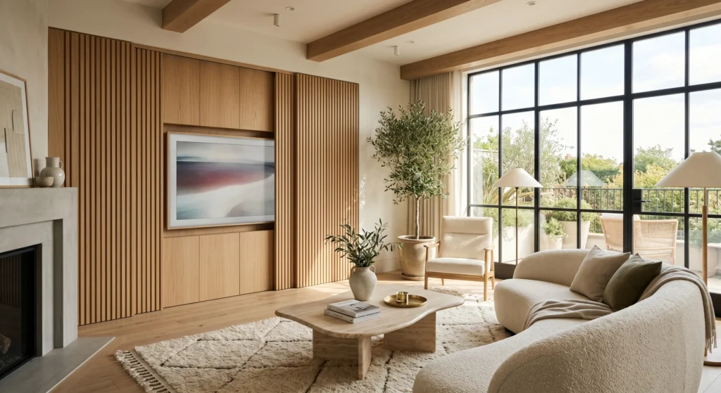 Sophisticated hidden TV living room design featuring custom sliding oak panels that completely conceal the television. Warm wood textures, minimalist architecture, cream furnishings, and luxury Nordic decor create a calm, screen-free Scandinavian interior.