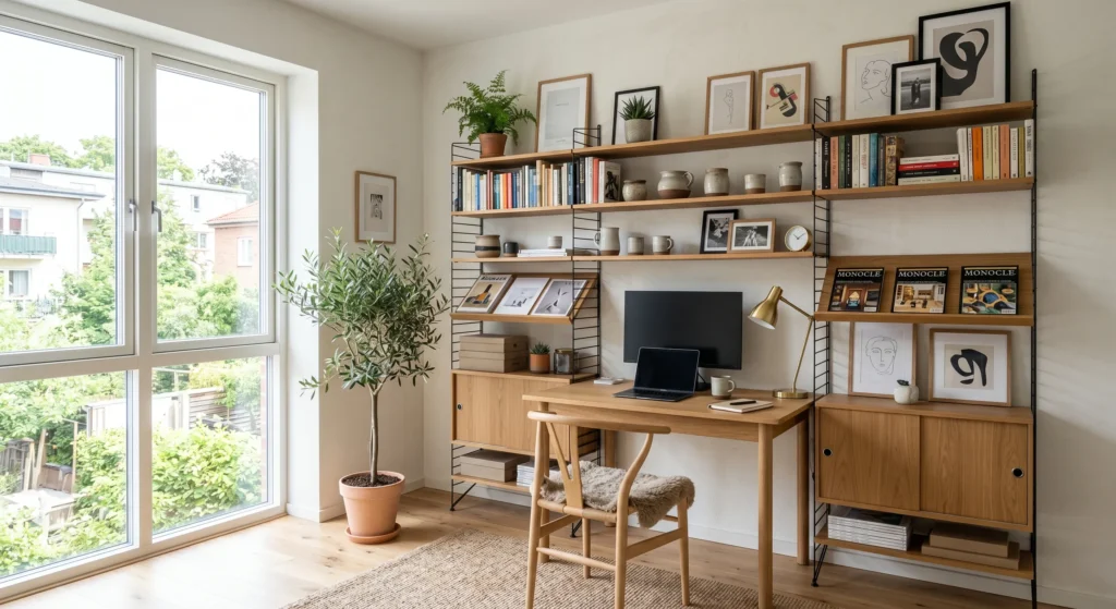 A modular String Shelf System combines style and storage in true Scandinavian fashion. Open shelving, natural wood finishes, and clean lines create a functional yet beautiful display for books, plants, ceramics, and everyday essentials while maintaining a light and airy aesthetic.